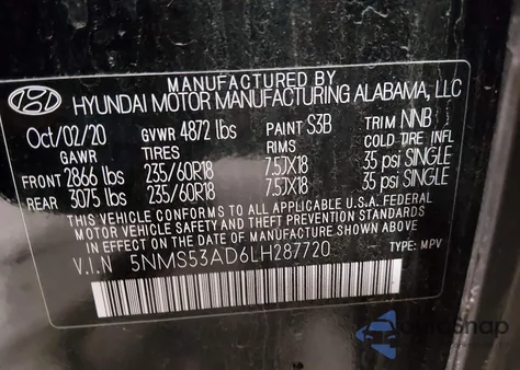 2020 Hyundai Santa Fe Limited z USA, uszkodzony, nr VIN 5NMS53AD6LH287720